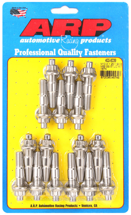 ARP M10 x 1.25/1.50 x 55mm Stainless Steel Broached Stud Kit - 16 Pieces - 400-8039