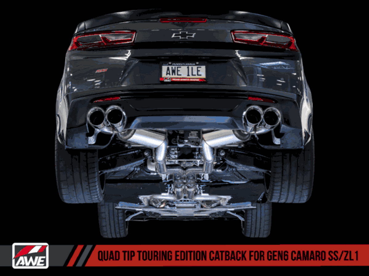 AWE Cat-Back Resonated Exhaust Touring Edition Quad Outlet Black Tips (16-18 Camaro Coupe SS Manual/ZL1) 3015-43114