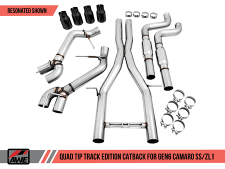 AWE Cat-Back Resonated Exhaust Track Edition Quad Outlet Chrome Tips (16-18 Camaro Coupe SS Manual/ZL1) 3020-42090